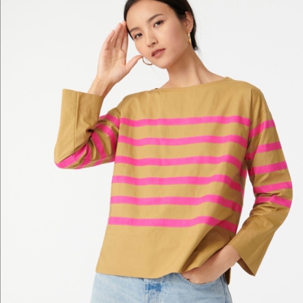 J Crew Cotton Poplin Top Ribbon Stripe Long Sleeve